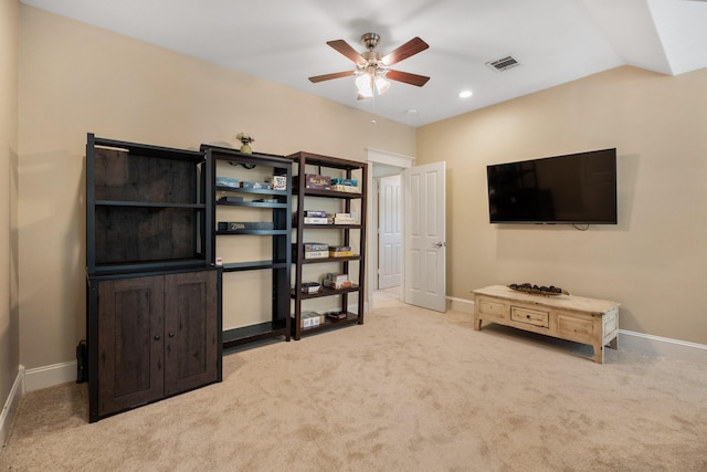 8 Latitude Ln, Galveston, TX 77554 - interior space with ceiling fan, visible vents, light carpet, and baseboards