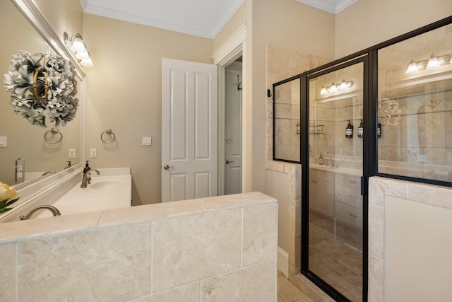 8 Latitude Ln, Galveston, TX 77554 - full bath featuring a sink, ornamental molding, a shower stall, and double vanity