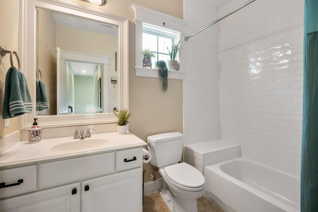8 Latitude Ln, Galveston, TX 77554 - bathroom with vanity, shower / bathtub combination with curtain, tile patterned floors, and toilet