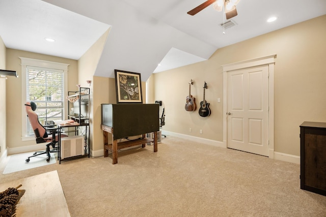 8 Latitude Ln, Galveston, TX 77554 - office featuring ceiling fan, carpet, recessed lighting, baseboards, and visible vents