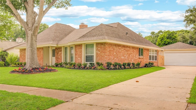 2706 Williams Grant St, Sugar Land, TX 77479 - single story home featuring a chimney, brick siding, an outdoor structure, a front lawn, and a shingled roof