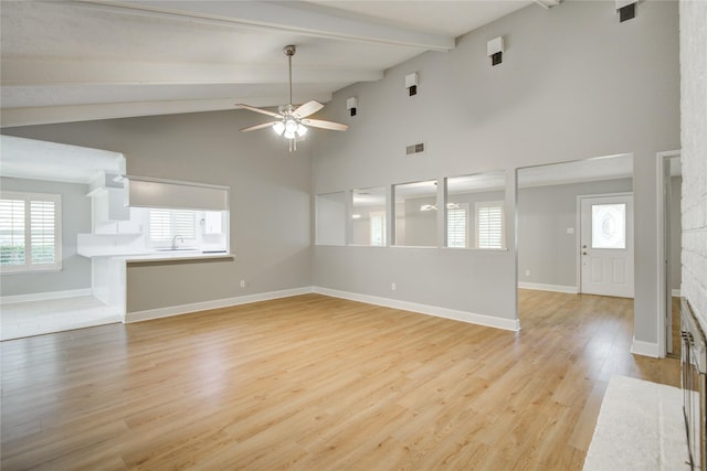 2706 Williams Grant St, Sugar Land, TX 77479 - unfurnished living room featuring visible vents, a ceiling fan, baseboards, high vaulted ceiling, and a sink