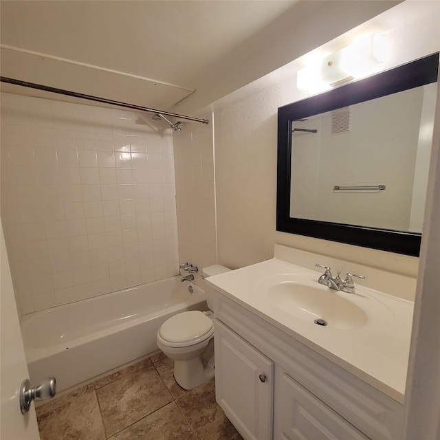 full bathroom featuring washtub / shower combination, vanity, toilet, tile patterned floors, and visible vents