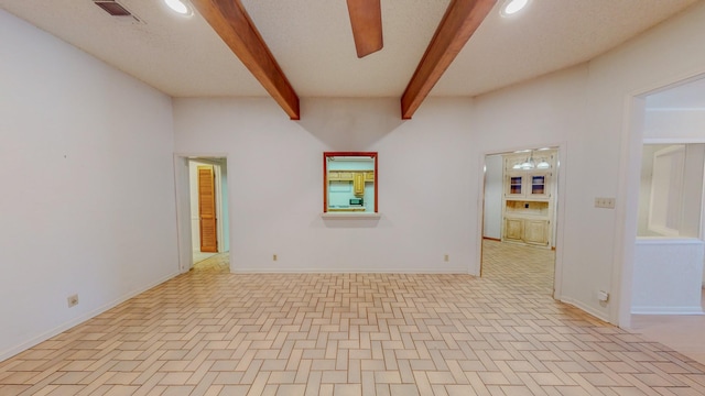spare room featuring recessed lighting, beamed ceiling, visible vents, and baseboards