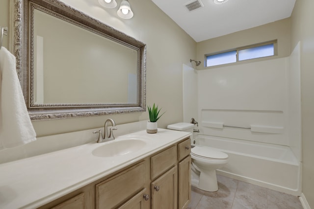 full bath with shower / bathing tub combination, visible vents, tile patterned flooring, vanity, and toilet