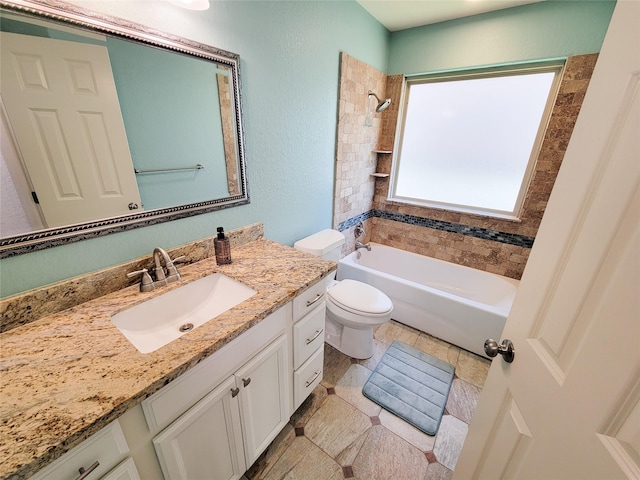 bathroom with toilet, a textured wall, shower / tub combination, and vanity