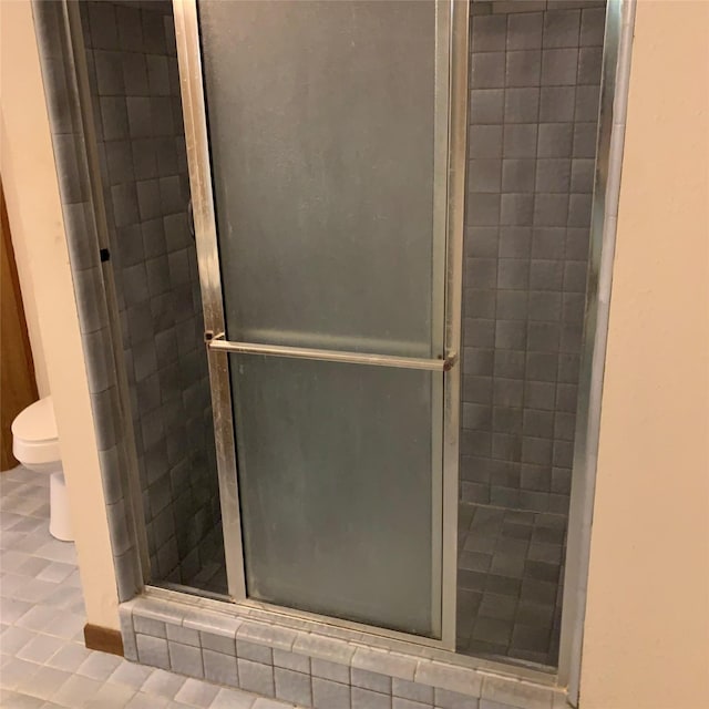 169 Lakeview Pnes, Livingston, TX 77351 - bathroom with toilet, a stall shower, and tile patterned flooring