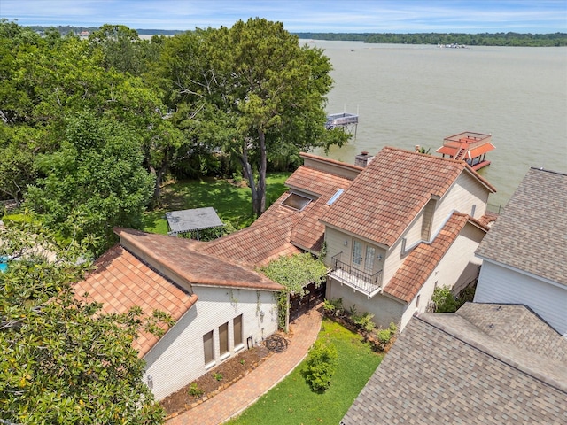 bird's eye view with a water view