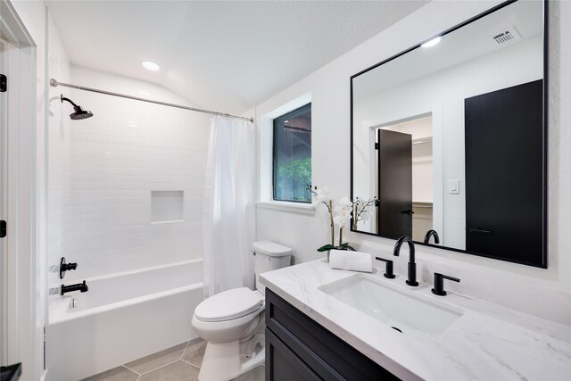 bathroom with tile patterned flooring, vanity, toilet, shower / bath combination with curtain, and visible vents