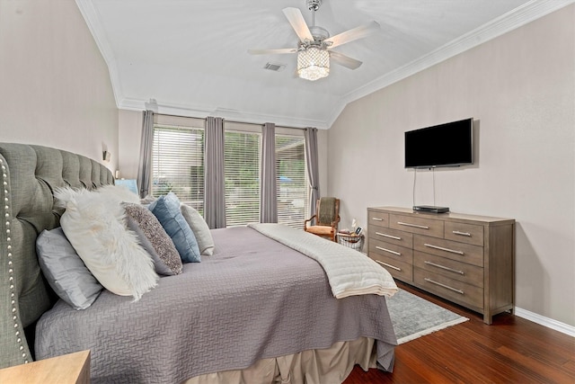 bedroom with crown molding, ceiling fan, dark wood finished floors, baseboards, and visible vents