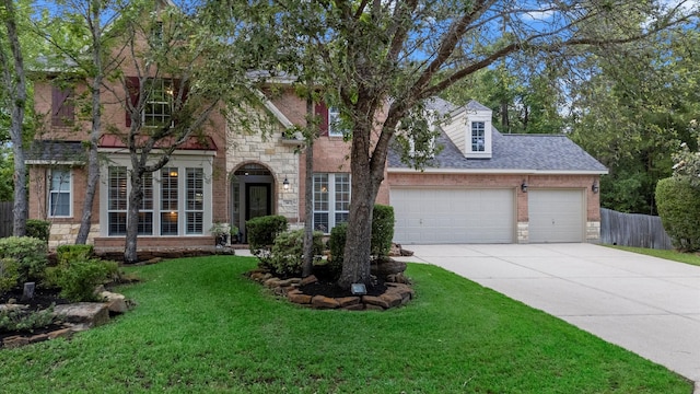 view of front of home with a front yard, brick siding, fence, concrete driveway, and an attached garage