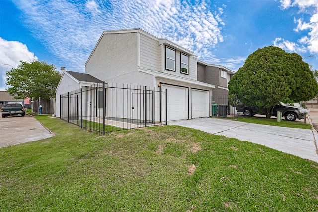 view of side of property with a garage, fence, concrete driveway, and a yard