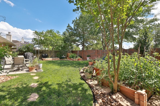 view of yard featuring a garden and a patio