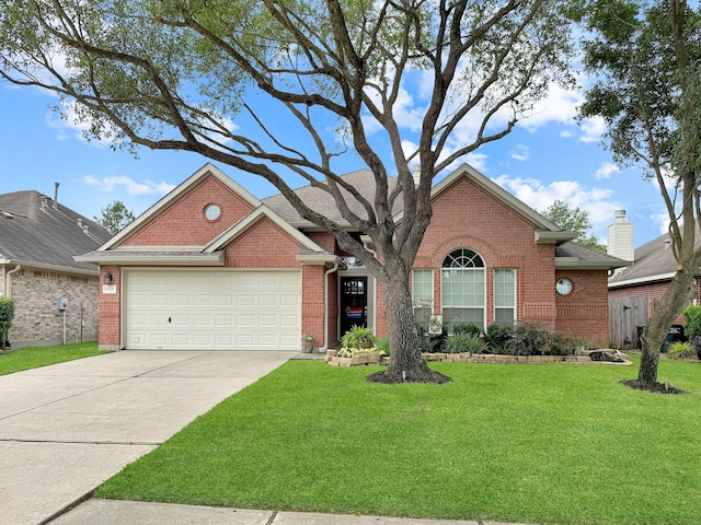 view of front of property with brick siding, a front yard, a garage, and driveway