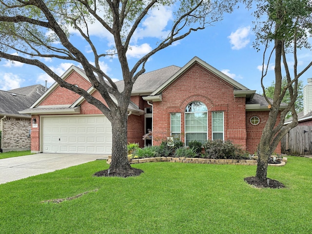 view of front of house featuring brick siding, concrete driveway, an attached garage, and a shingled roof