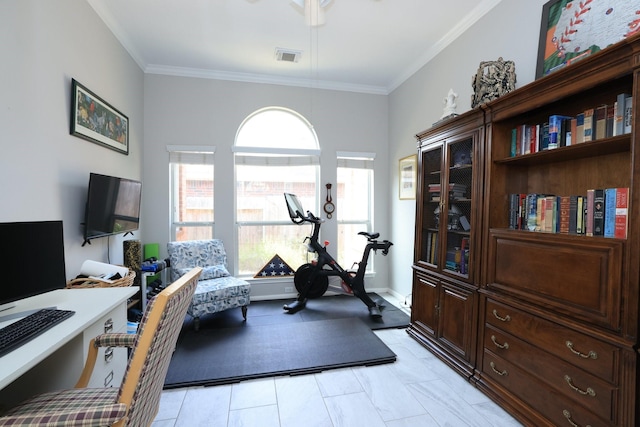 workout area with crown molding