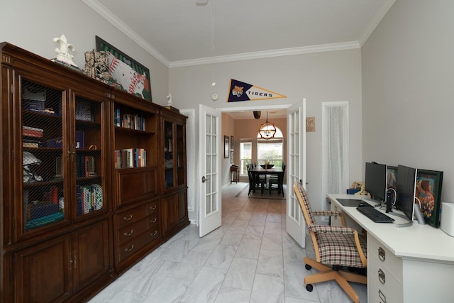 office with crown molding, light marble finish flooring, french doors, and a chandelier