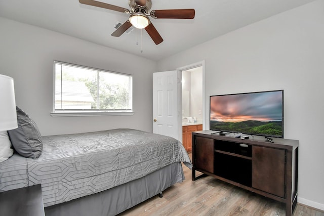8102 Rhobell St, Houston, TX 77078 - bedroom featuring light wood-style floors, a ceiling fan, and connected bathroom