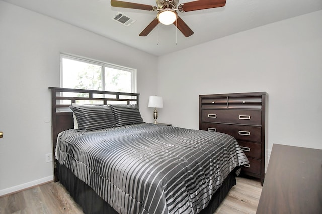 8102 Rhobell St, Houston, TX 77078 - bedroom featuring a ceiling fan, baseboards, visible vents, and light wood-style floors