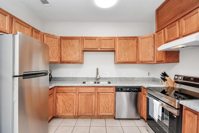 8102 Rhobell St, Houston, TX 77078 - kitchen featuring light tile patterned flooring, a sink, stainless steel appliances, under cabinet range hood, and visible vents