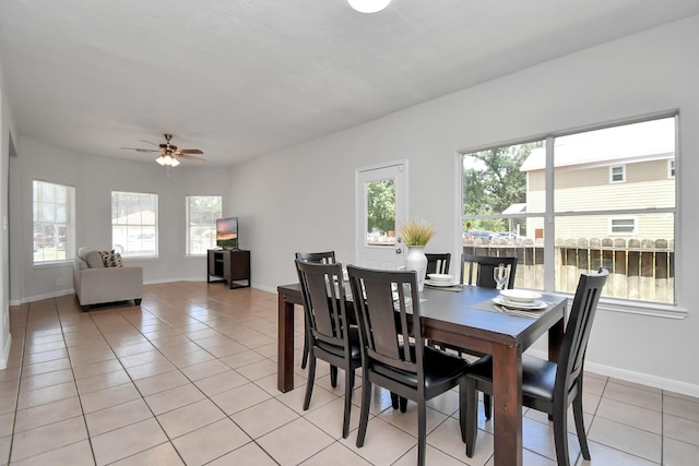 8102 Rhobell St, Houston, TX 77078 - dining room with light tile patterned floors, baseboards, and ceiling fan