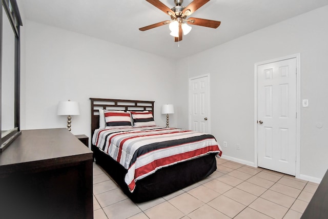 8102 Rhobell St, Houston, TX 77078 - bedroom featuring baseboards, ceiling fan, and light tile patterned floors
