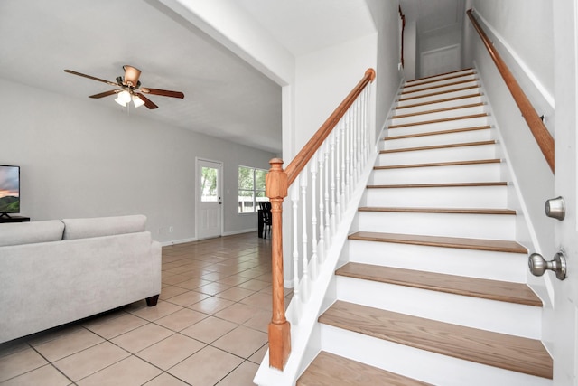 8102 Rhobell St, Houston, TX 77078 - stairs with tile patterned floors, baseboards, and a ceiling fan