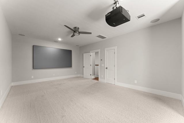 26111 Upper Beacon Pl, Montgomery, TX 77316 - carpeted cinema with recessed lighting, ceiling fan, visible vents, and baseboards