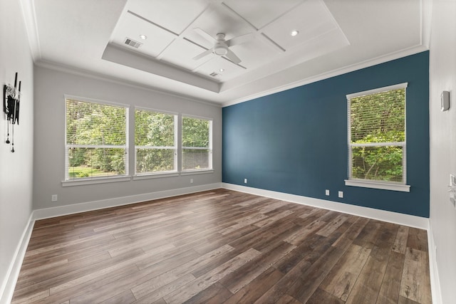 26111 Upper Beacon Pl, Montgomery, TX 77316 - unfurnished room with visible vents, crown molding, ceiling fan, and hardwood / wood-style flooring