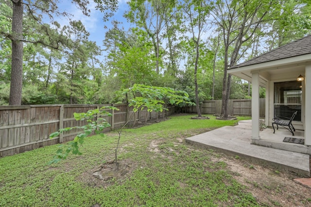 view of yard with a fenced backyard and a patio