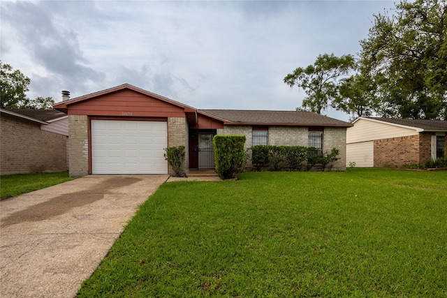 ranch-style house with brick siding, a garage, driveway, and a front lawn