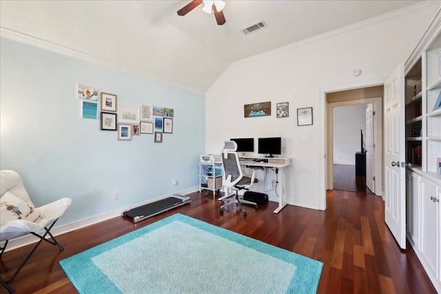 office area featuring ceiling fan, lofted ceiling, dark wood-type flooring, and visible vents