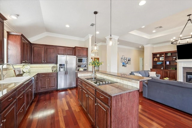kitchen with a sink, appliances with stainless steel finishes, dark wood finished floors, and visible vents