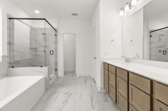 full bathroom with a bath, visible vents, a stall shower, vanity, and marble finish floor