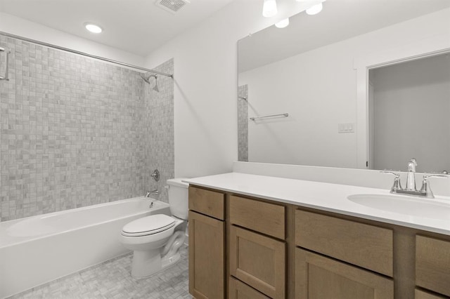bathroom featuring visible vents, vanity, shower / bathtub combination, toilet, and recessed lighting