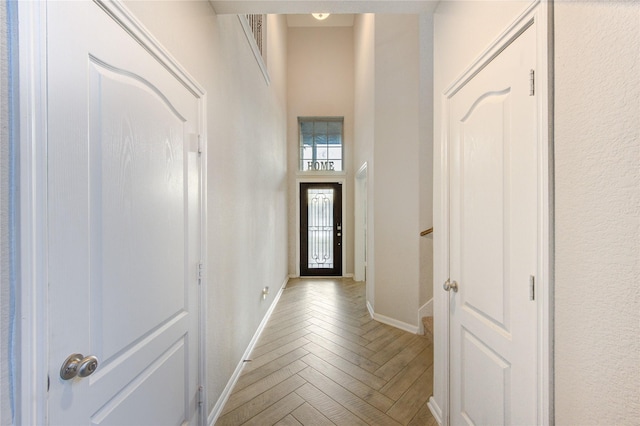 doorway with baseboards, a high ceiling, and wood finished floors