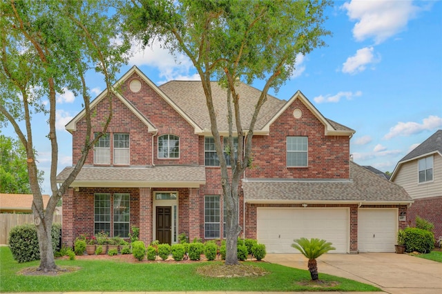 10007 Autumn Lake Trl, Pearland, TX 77584 - traditional-style home with roof with shingles, driveway, and brick siding