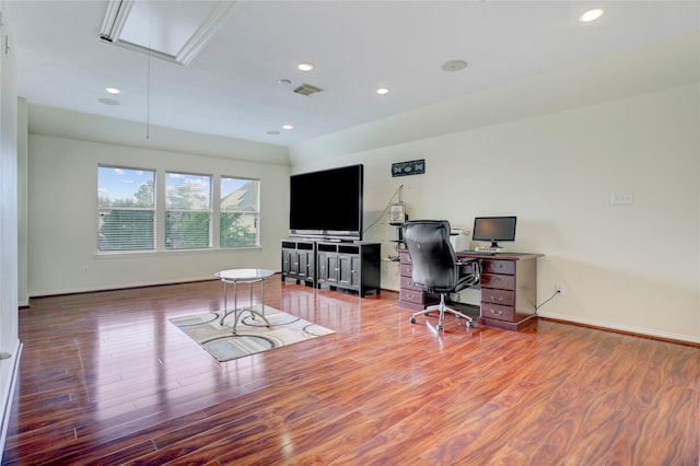 home office with attic access, visible vents, wood finished floors, baseboards, and recessed lighting
