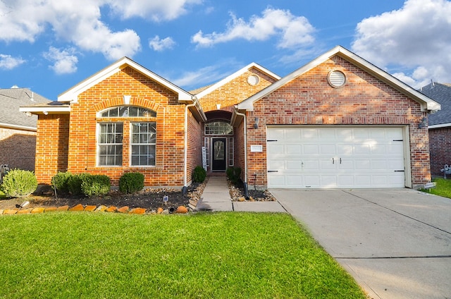 15027 Wildberry Creek Ct, Cypress, TX 77433 - ranch-style house with brick siding, a garage, driveway, and a front lawn