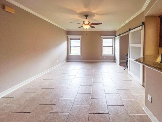 110 Hummingbird Ct, Richwood, TX 77566 - spare room with baseboards, a barn door, ceiling fan, and ornamental molding
