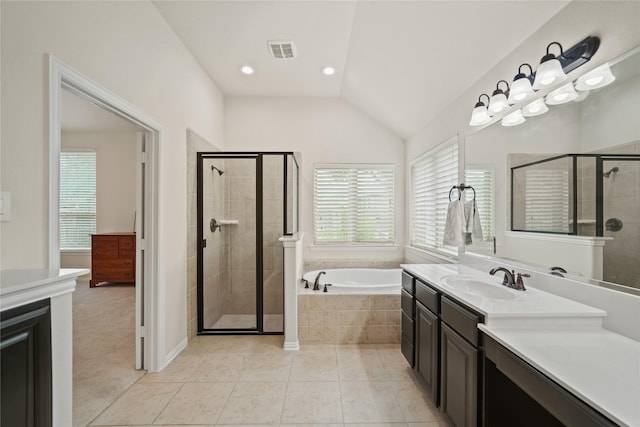 21023 Barrett Woods Dr, Richmond, TX 77407 - full bath with tile patterned floors, a shower stall, a bath, and visible vents