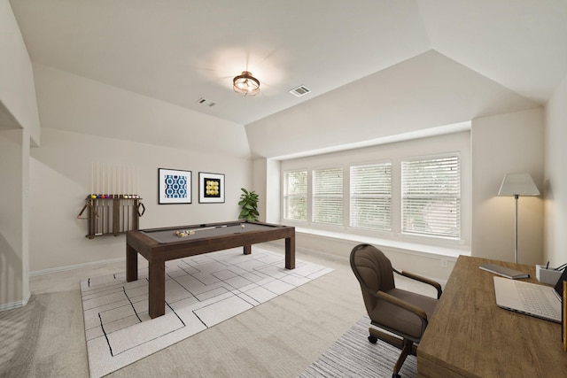 21023 Barrett Woods Dr, Richmond, TX 77407 - office featuring visible vents, baseboards, pool table, carpet flooring, and vaulted ceiling