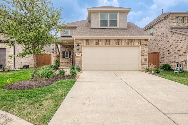 23611 Blackhaw Blossom Ln, Katy, TX 77493 - view of front of property featuring a garage, a front yard, brick siding, a shingled roof, and concrete driveway