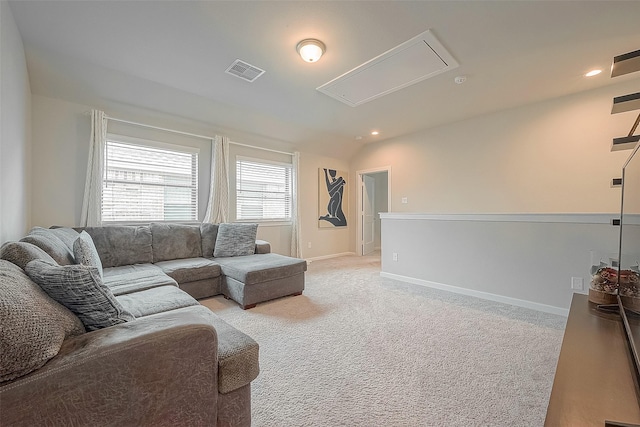 23611 Blackhaw Blossom Ln, Katy, TX 77493 - living area featuring attic access, vaulted ceiling, recessed lighting, and light carpet