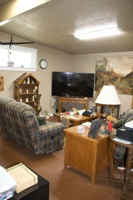 living area with a textured ceiling