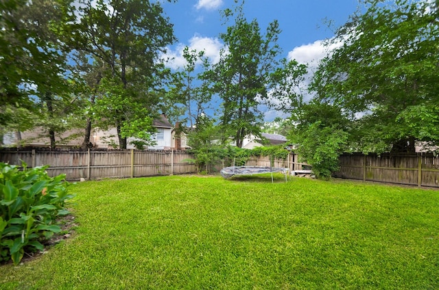 view of yard featuring a fenced backyard and a trampoline