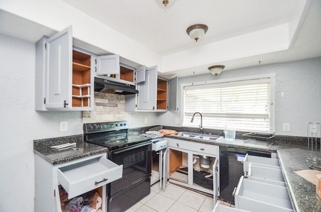 kitchen featuring open shelves, a sink, light tile patterned floors, under cabinet range hood, and black range with electric stovetop
