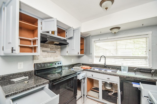 kitchen with open shelves, black electric range oven, a sink, white cabinets, and under cabinet range hood