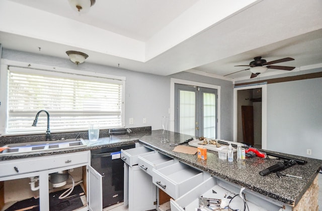 kitchen with a sink, dark stone counters, a wealth of natural light, and dishwasher