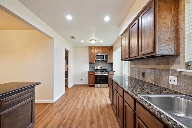 kitchen with a sink, light wood-style floors, stainless steel appliances, baseboards, and backsplash